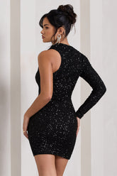 Black Sequin One Shoulder Bodycon Mini Dress